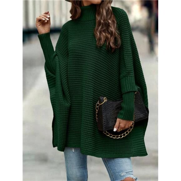 Turtleneck Batwing Sleeve Poncho Sweater,Long Sleeve Tops Knit Pullover Fall - Picture 5 of 8